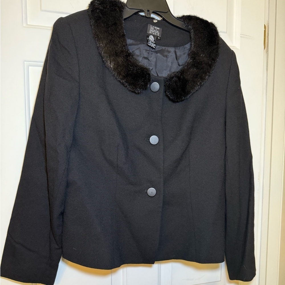 MT Black 100% Pure Wool Blazer Fur Collar NWT Sz 14 Woolmark Classic Vintage